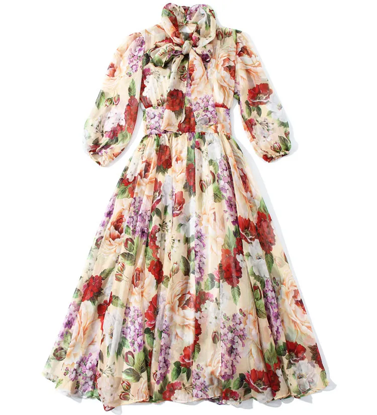 Moda Designer Sukienka Wiosna Letnie Kobiety Sukienka Bow Collar Rose Floral-Print Eleganckie wakacje Szyfonowe sukienki 210524