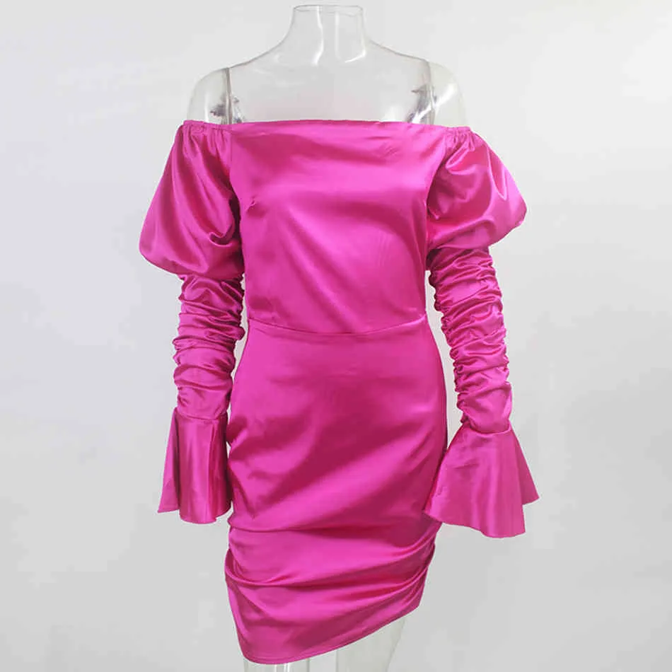 Fashion Party платье женские роз фонарь с длинным рукавом ночной клуб сексуальное bodycon драпированное плечо министдос 210524