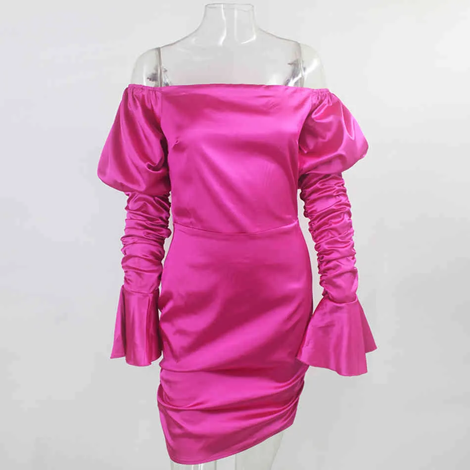 Fashion Party Dress Women's Rose Lantern Long Sleeve Night Club Sexy Bodycon Draped Shoulder Mini Vestidos 210524