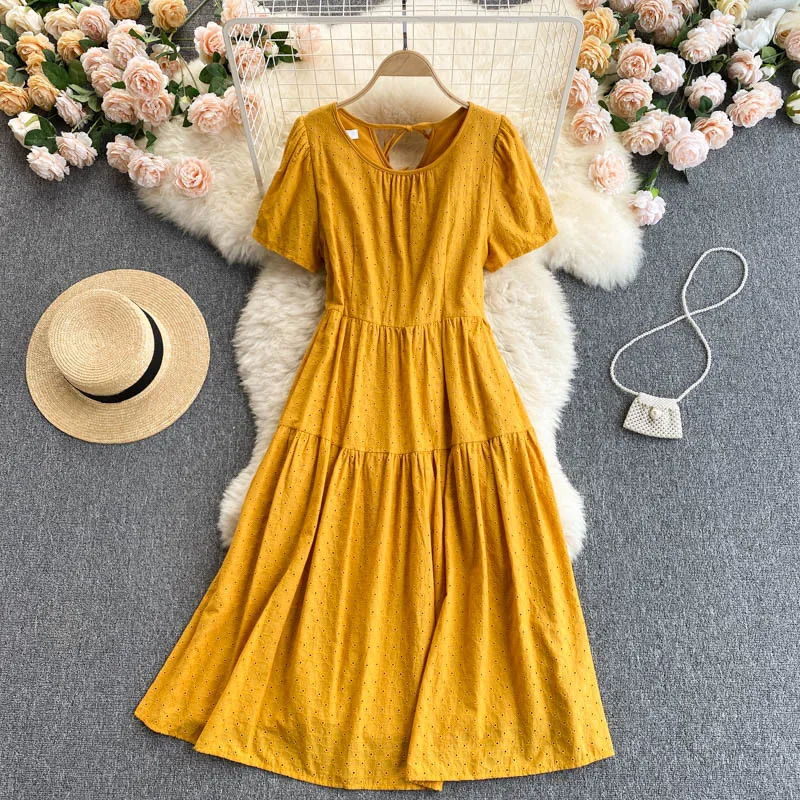 Bohemian Vacation Vestidos Women's Wear Simple Pure Color Round Neck Loose Age-reducing Midi Dress GK828 210506