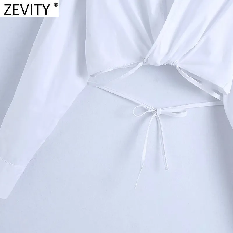 Mulheres Moda Cross V Neck Hem Bow amarrado Branco Curto Smock Blusa Feminino Manga Longa Kimono Camisas Chic Blusas Tops LS9008 210420