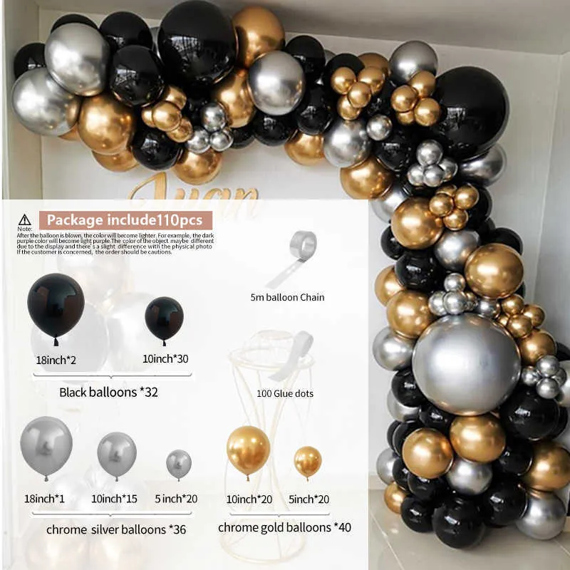 110 stücke Chrom Silber Gold Ballons Arch Kit Schwarz Ballon Girlande Hochzeit Geburtstag Weihnachten Party Dekor Kinder Baby Dusche Globos 210909