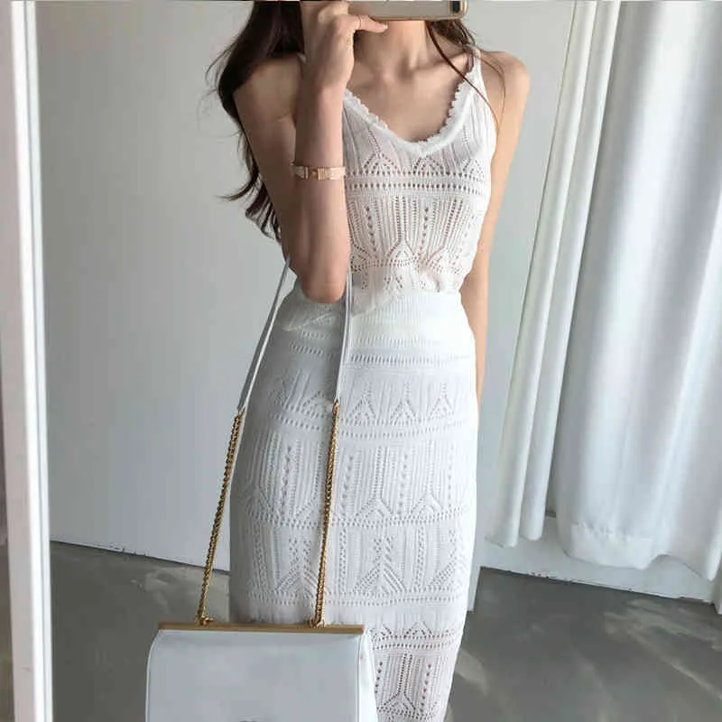 sexy Summer Knitted Dress Girls Party Female Vintage braces white Sleeveless Women Dresses long oversize Robe Vestido 210417