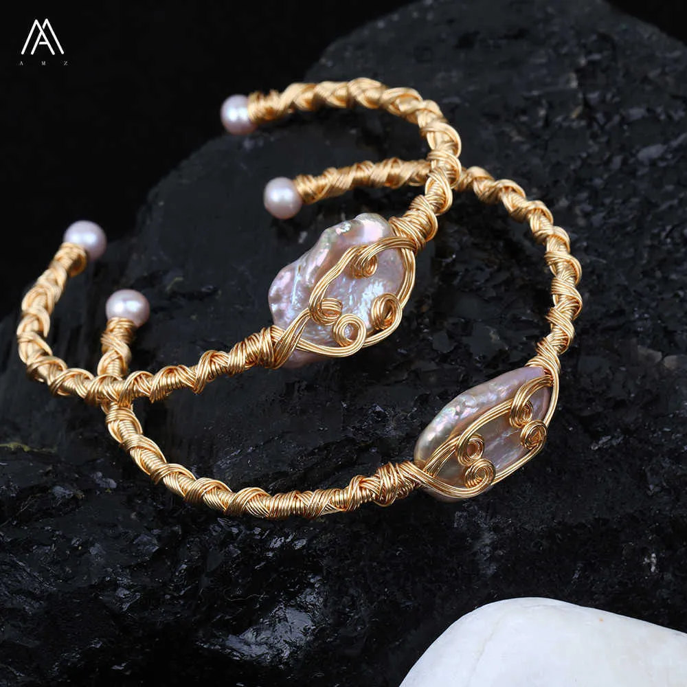 Trendy Irregular Baroque Freshwater Pearl Bangles,pearl Wire Wrapped Gold Copper Bangles for Women Jewelry Handmade Tsmn-03amcj Q0717