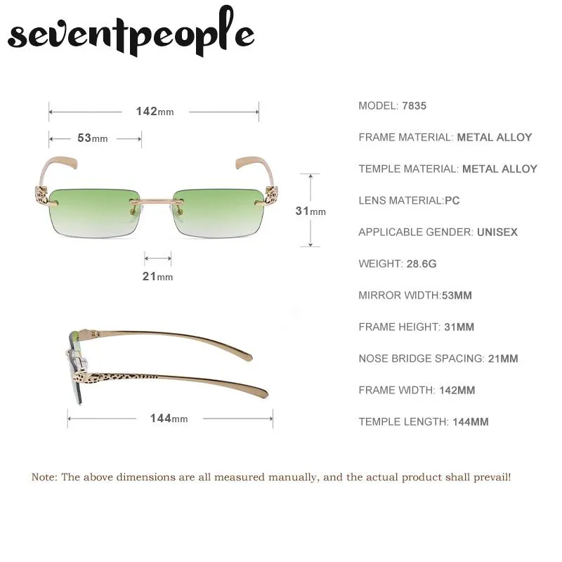 Solglasögon Rimless Rectangle Women Frameless Square Sun Glasögon för män unika leopardtempel Eyewear266g