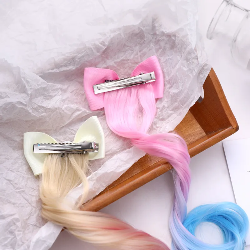 Colorful Bow Knot Hairpiece Hair Clips Barrettes Wig Girls Children Hairs Extension Bobby Pin Clasp Birthday Cosplay Fashion Jewelry Will and Sandy Red Purple Blue