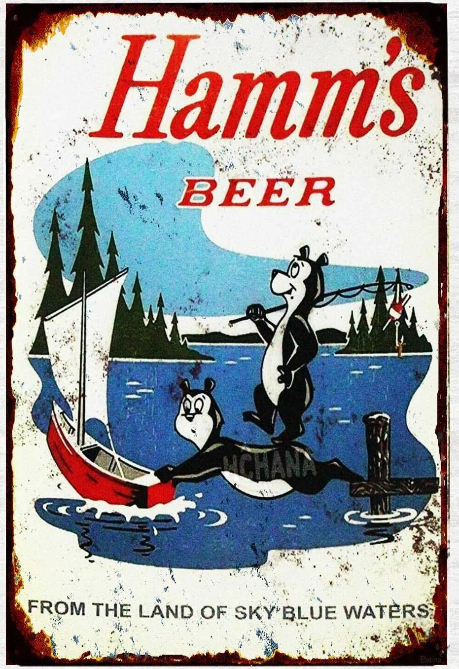 Винтажная жестяная банка Hamms, пиво, медведь, рыбалка, озеро, лодка, жестяная металлическая вывеска 8x12 дюймов 4994894