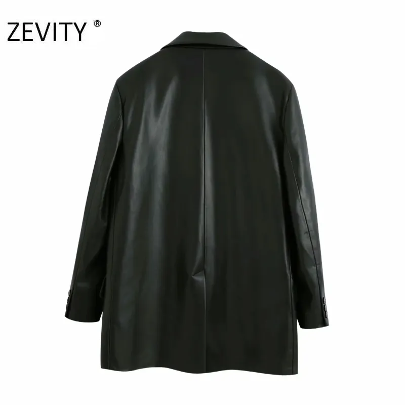 Zevity WomenヴィンテージソリッドカラーPUレザーブレザーコートオフィスレディースポケット因果緩いスタイリッシュな服装スーツコートTOPS CT579 210419