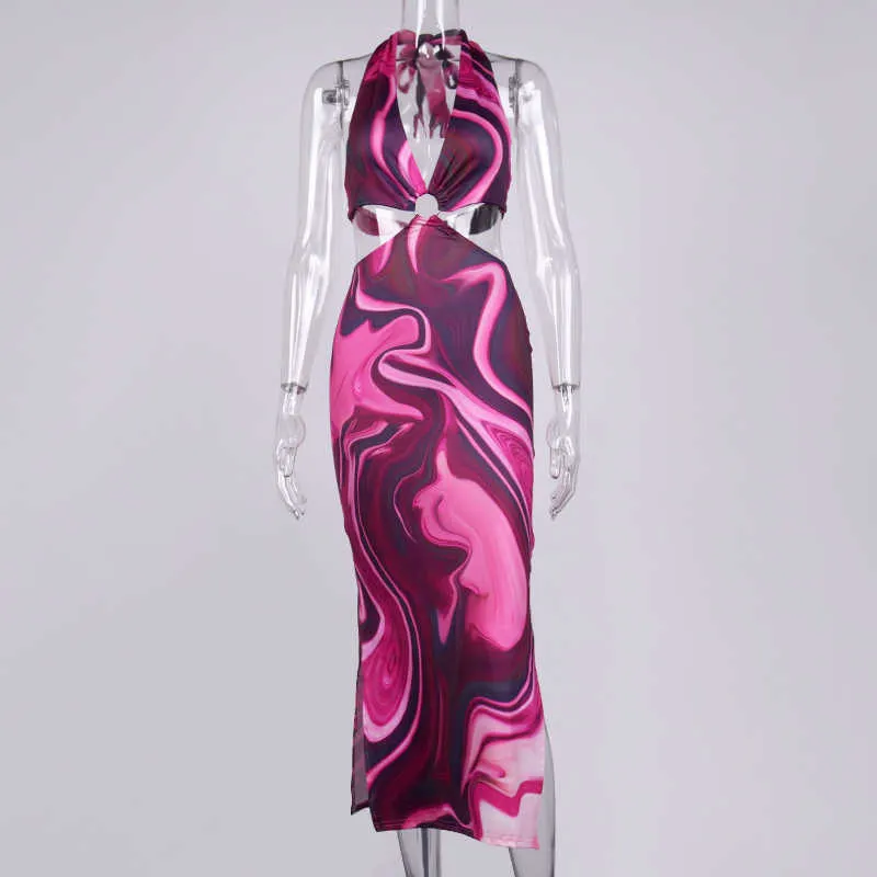 Newasia Tie Dye夏のドレス女性レースアップ中空アウトバックレススプリットホルターロングドレスシックなセクシーなビーチホリデーパーティパーティパーティションローブX0705