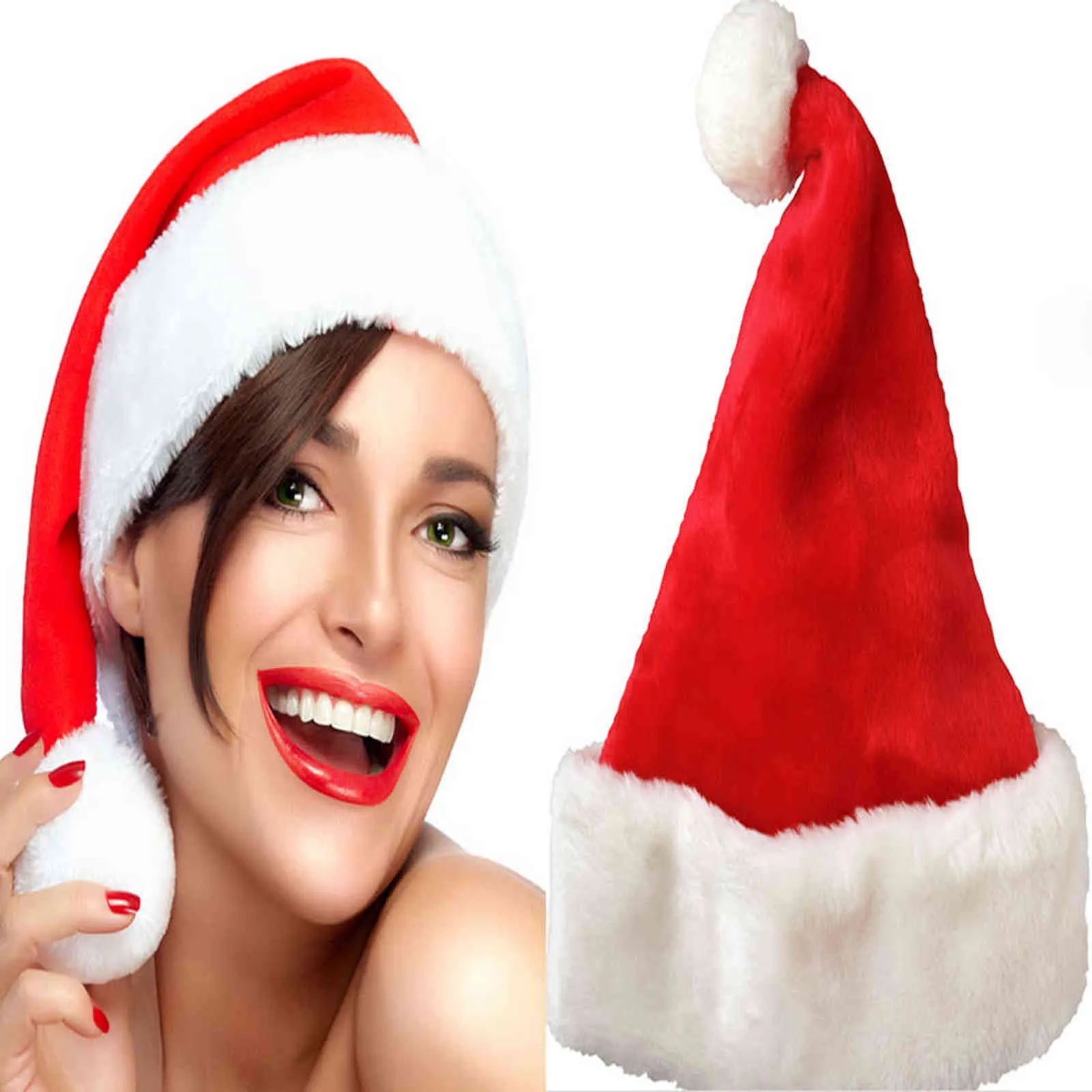 Ozdoby świąteczne puszysty Santa kapelusz z pluszowym wykończeniem Boże Narodzenie Party Hat Futro Ball Santa Claus Fancy Dress Hat Santa Claus Cap Y21111