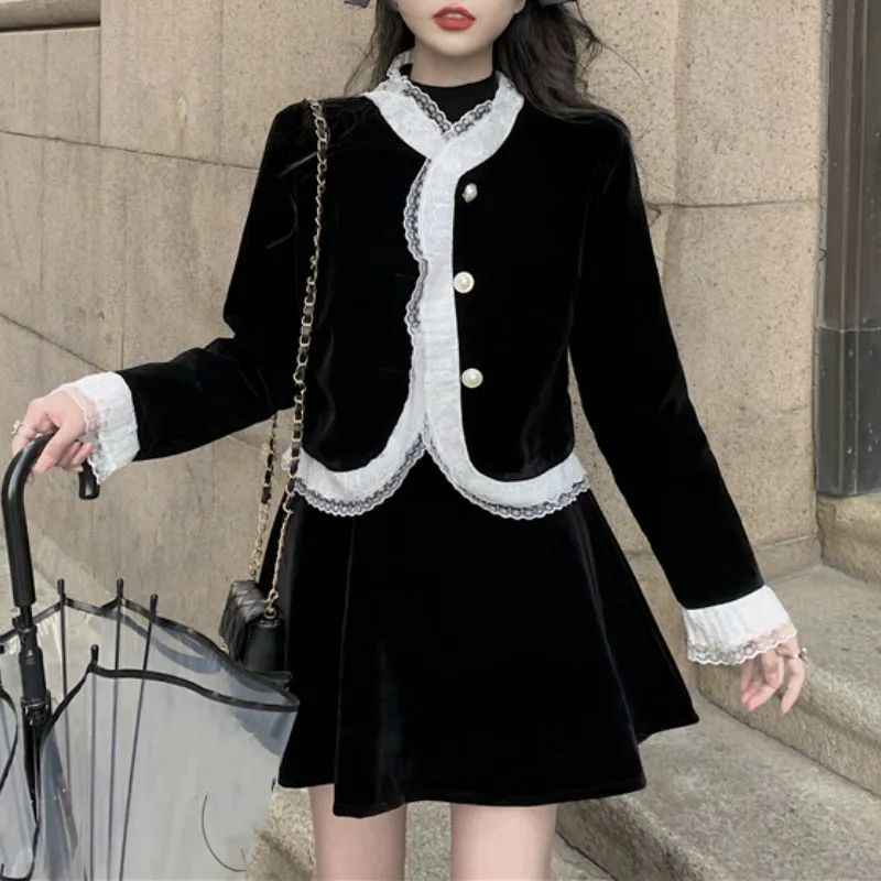 Ezgaga, conjunto de dos piezas, chaquetas recortadas de retazos de encaje negro Vintage informal para mujer y faldas de cintura alta, prendas de vestir elegantes, Tops coreanos 210430