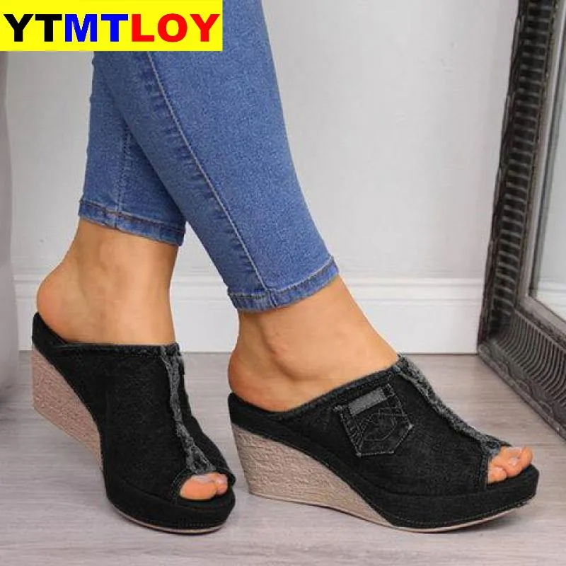 Femmes sandales nouvelles femmes chaussures femme été Wedge confortable dames sans lacet plat Sandalias Denim plate-forme compensées talon haut