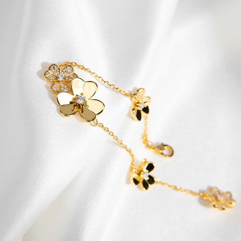Brand Pure 925 Sterling Silver Jewelry For Women Gold Chain Clover Bracelet Praty Wedding Jewelry Mini Small Flower Bracelet267g