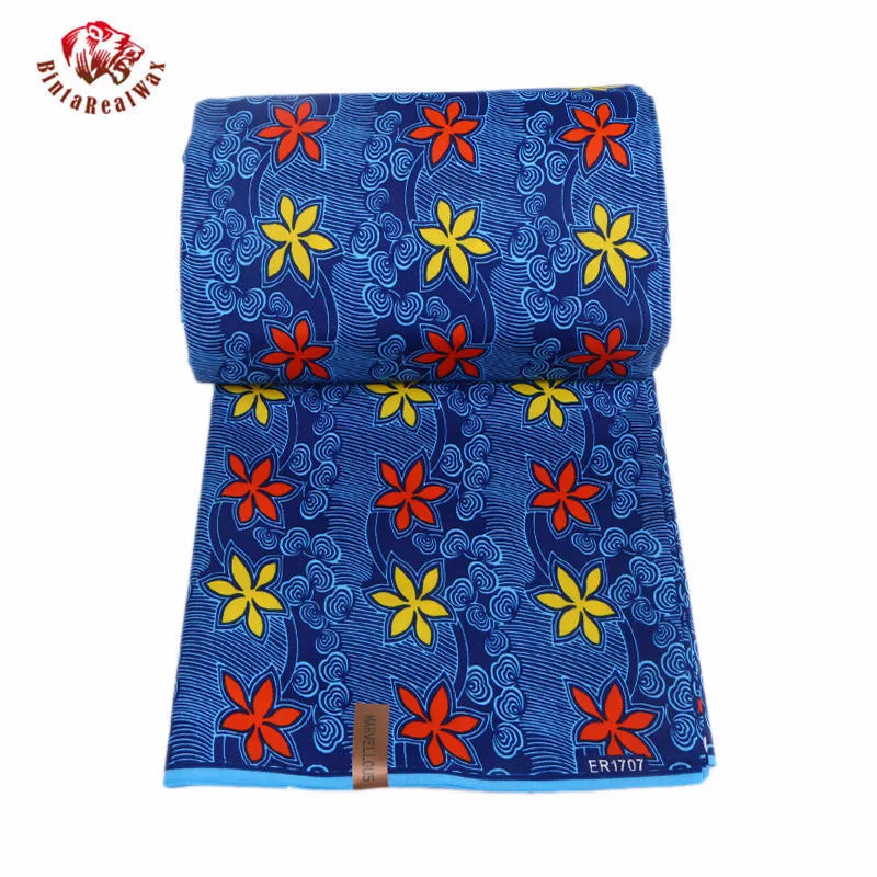 Bintarealwax Africa100% Polyester Vaxtryck Tyg 6 meter / Royal Blue Background Red Yellow Flower African Material FP6001