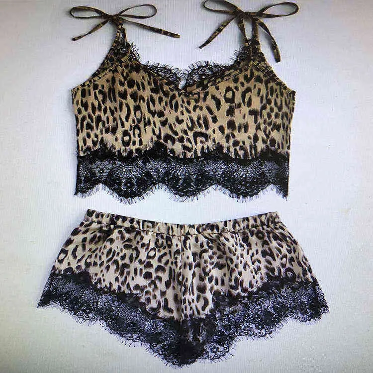 Sexig pyjamas leopard sexig underkläder set kvinnors imitation silke sexig underkläder 211203