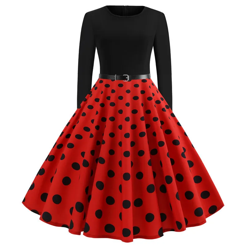 Jesień Nowy Red Dot New Women's Retro Round Neck Drukowanie Długi Sleeved Big Swing Dress Plus Size Casual Boże Narodzenie Robe 210422