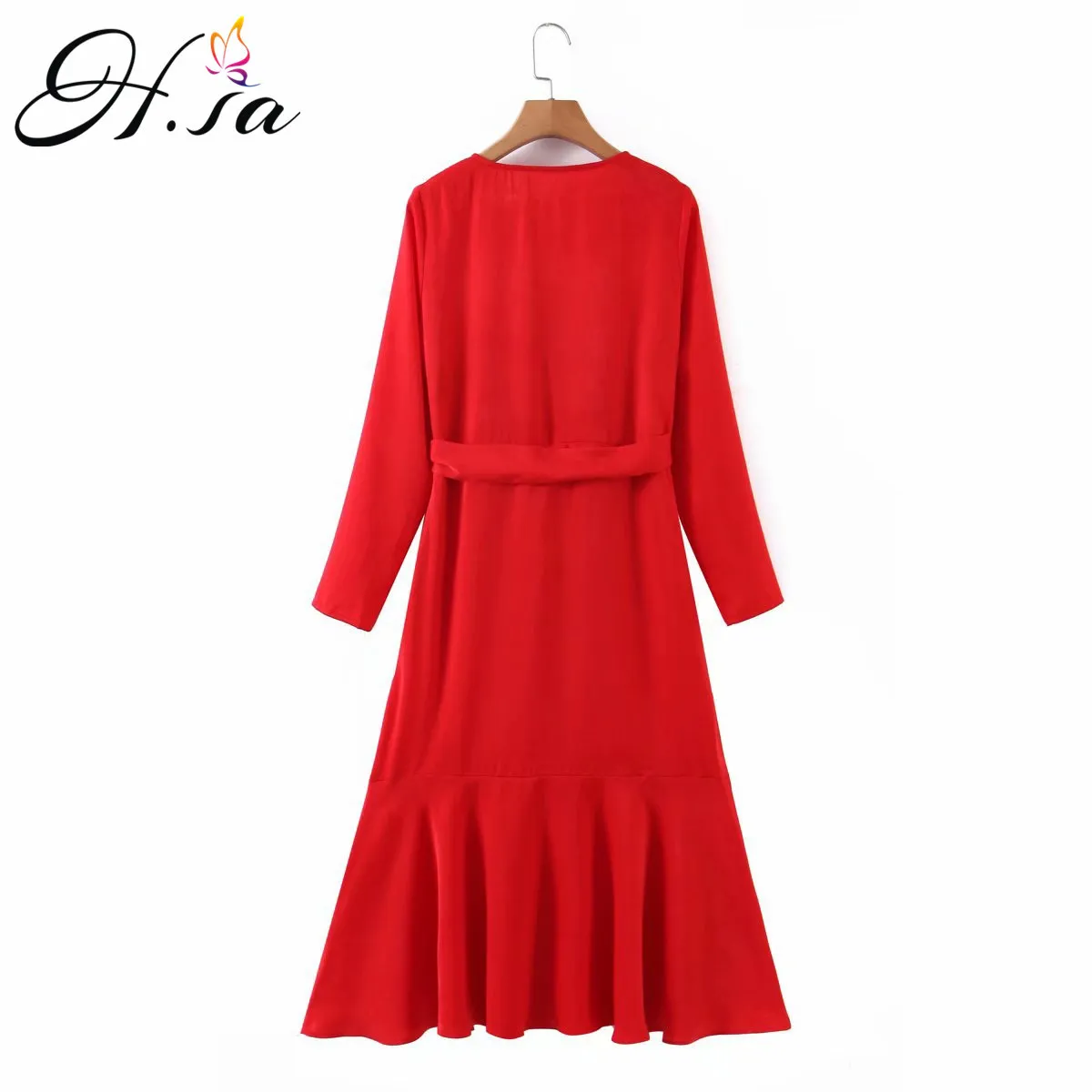 H.SA Kadınlar Uzun Kollu Elbise Seksi Düşük V Boyun Kırmızı Yay Bağlı Bel Pileli Vestidos Kadın Chic Zarif Elbiseler 210417