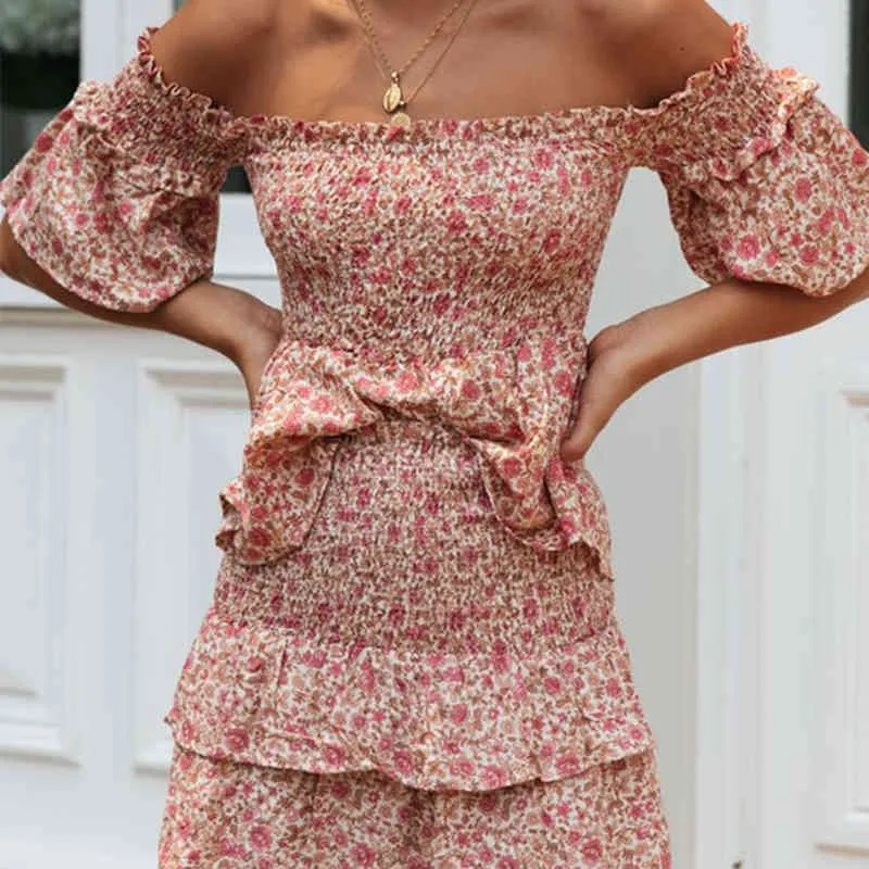Foridol floral print dress skirt sets summer beach off shoulder ruffle suits women pink beach bodycon sets 210415