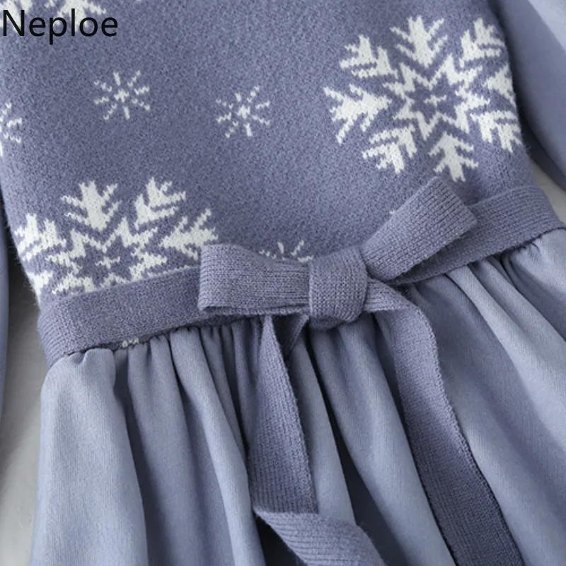 Neploe Koreanische Vintgae Kleid Mode Patchwork Gestrickte Gefälschte Zwei Vestidos Hohe Taille Spitze Up Schlanke Robe Kleider für Frauen 4G654 210422