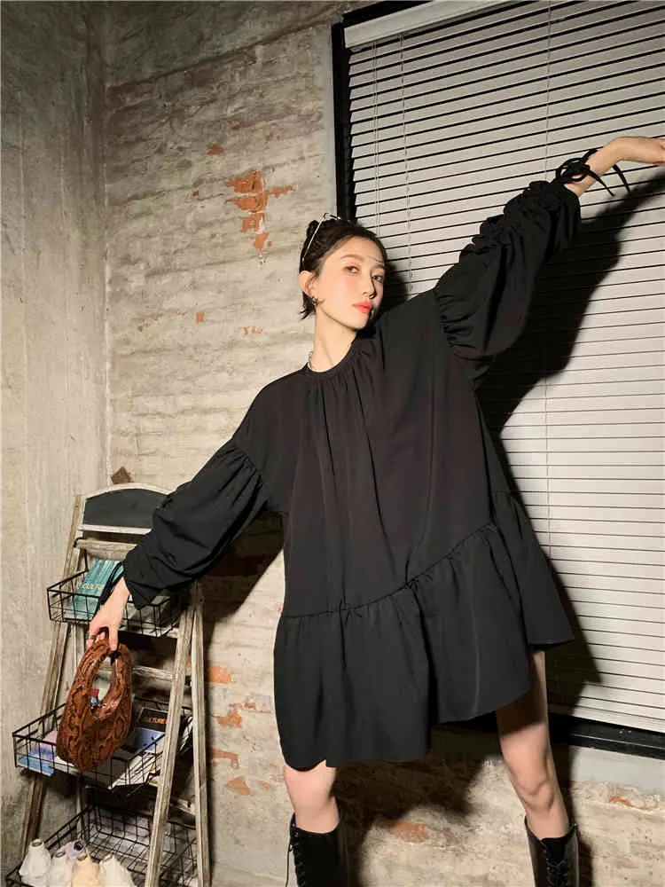 Surdimensionné À Volants Arc Cordon Robe Femmes Designer Lâche Noir Mini Ruché Style Coréen Vêtements 210427