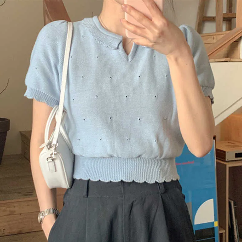 Korjpaa Kvinnor T-shirt Sommar Korea Chic Åldersreducerande Candy Färg Lace Halsband Lossa Short Cut Hollow Puff Sleeve Sticka Top 210526