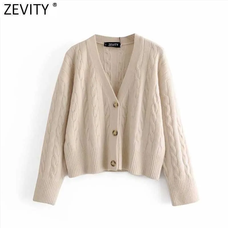 Zevity Spring Women Vネックツイストかぎ針編み編みセーター女性シックシングルブレストカーディガンカジュアルルーズトップS587 210603