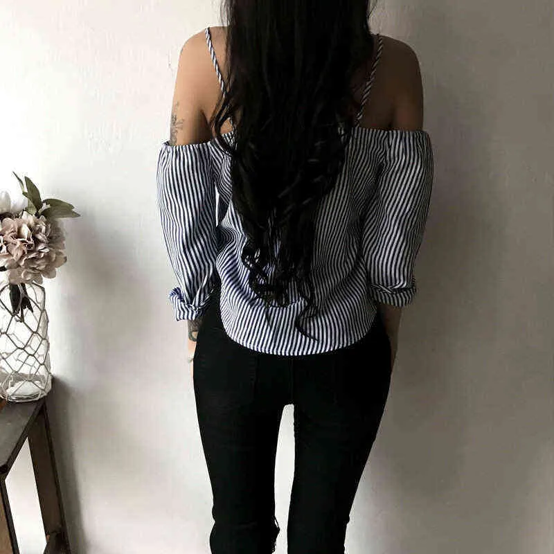 Kvinnor damer sommar långärmad blus modebandskjorta lös sexig av axelknappen Casual Stripe Blouse Toppar SHIRT S -XL H1230