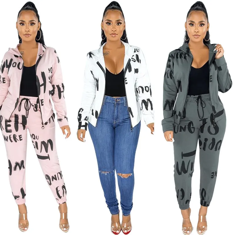 Stor brev tryckt spår kostym Kvinnor Zipper Långärmad Coats Jacka Baggy Byxor Byxor Casual Outfits Lounge Wear Set 210525