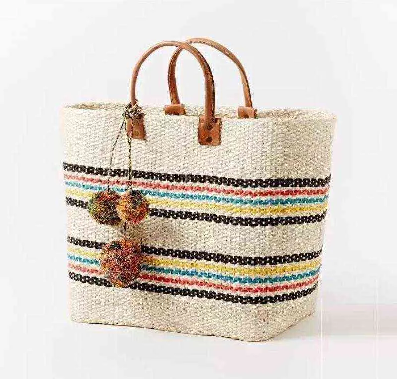 Boodschappentassen Bohemia Stro Weven Grote Tote Dames Gestreepte Pompom Handtas Holiday Beach Bag Dames Zomer Mode Topgreep Portemonnees Ins 220301