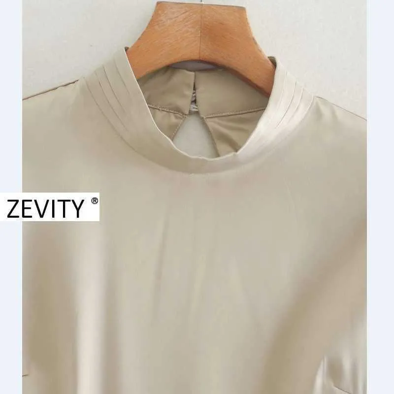 Zevity Womenエレガントプレススタンドカラーソリッドヘムスプリットミディドレス女性セクシーバックホールvestidoシックカジュアルスリムドレスDS4217 210603