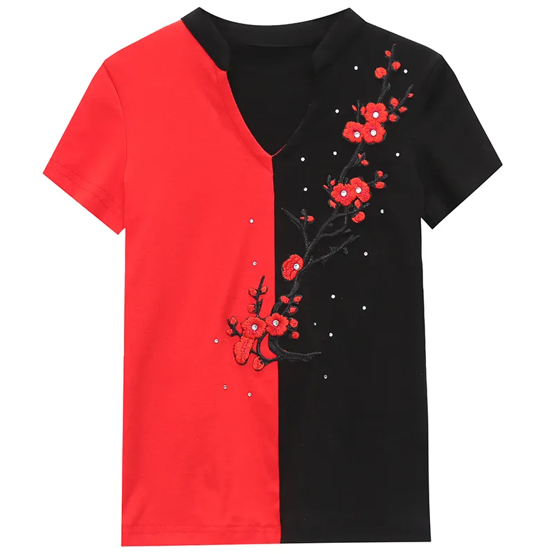 Women Cotton T-Shirts Short Sleeve Partchwork Tee Tops Summer Chinese Floral Embriodery Design For Show T03609B 210421