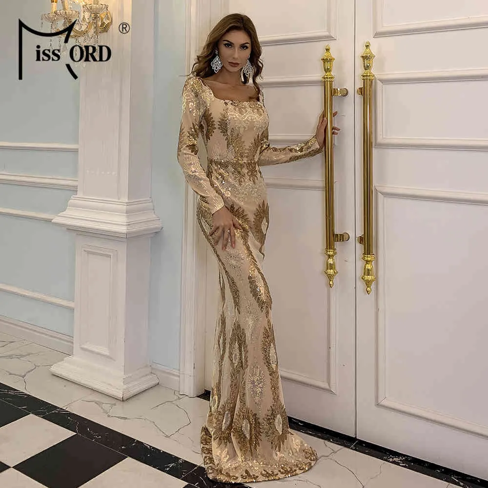 Missord 2021 femmes élégant col carré Sequin soirée robe de soirée Sexy dos nu or Maxi robe femme moulante X0521