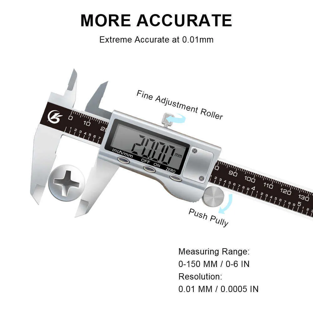 Pied à coulisse numérique 6 pouces 150mm en acier inoxydable micromètre électronique en métal outils de mesure de profondeur 210922