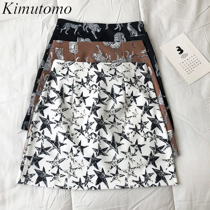 Kimutomo Chic estampado de dibujos animados mujer faldas Primavera Verano estilo coreano mujer alta cintura A-line Mini faldas Casual 210521