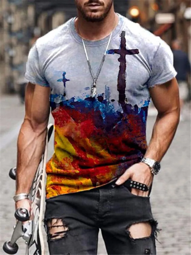 Yaz Erkek Büyük Boy Vintage Kısa Kollu Tişörtler Harajuku Etnik Baskılı O yakalı Tshirts Camisetas Hombre Verano 220224