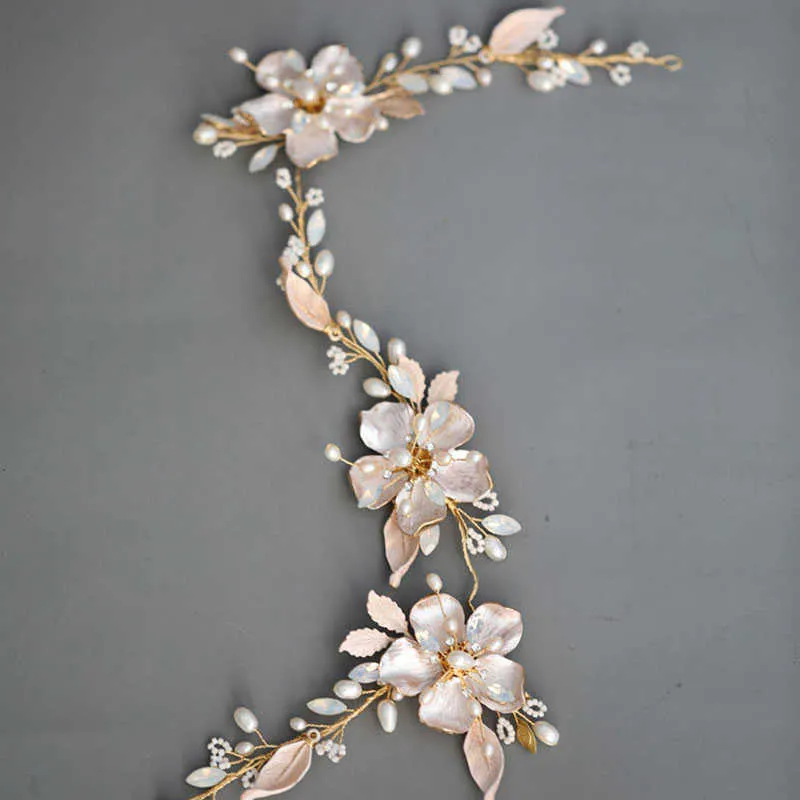 スリダルハンドメイドラインストーンオパールクリスタル淡水真珠の合金の花の結婚式のヘッドバンドのブライダルブライドメイド女性のヘアジュエリーx0625
