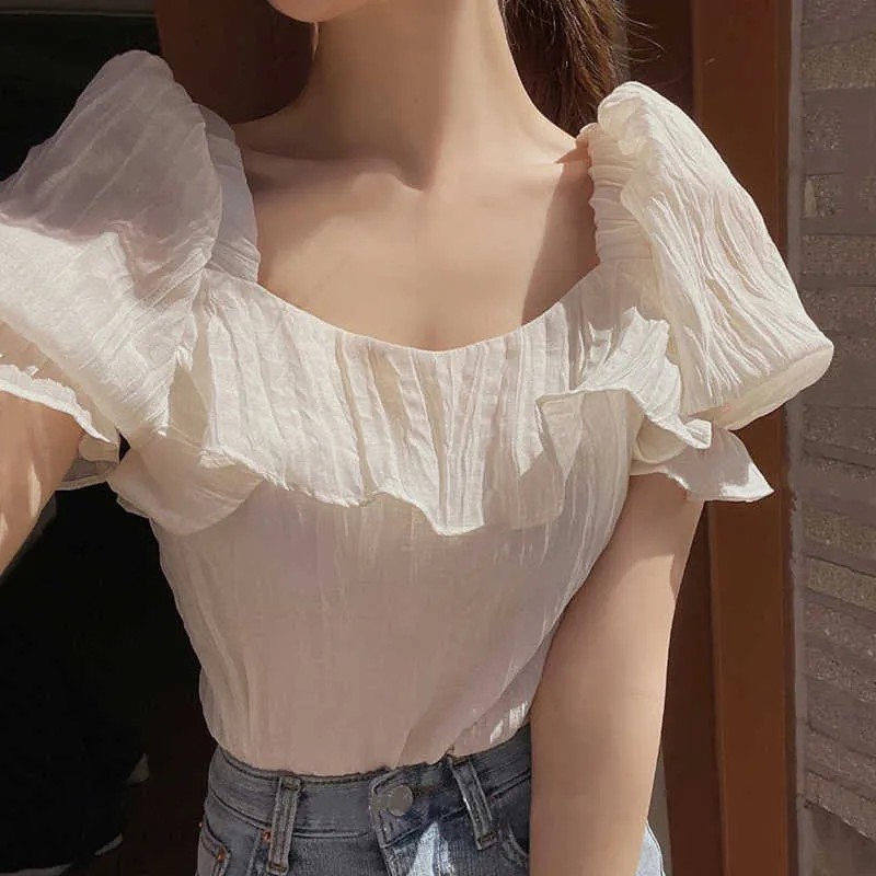 Korejpaa Women Shirt Summer Korean Chic French Style Square Collar Wooden Ear Folds Design Loose Thin Puff Sleeve Blouses 210526