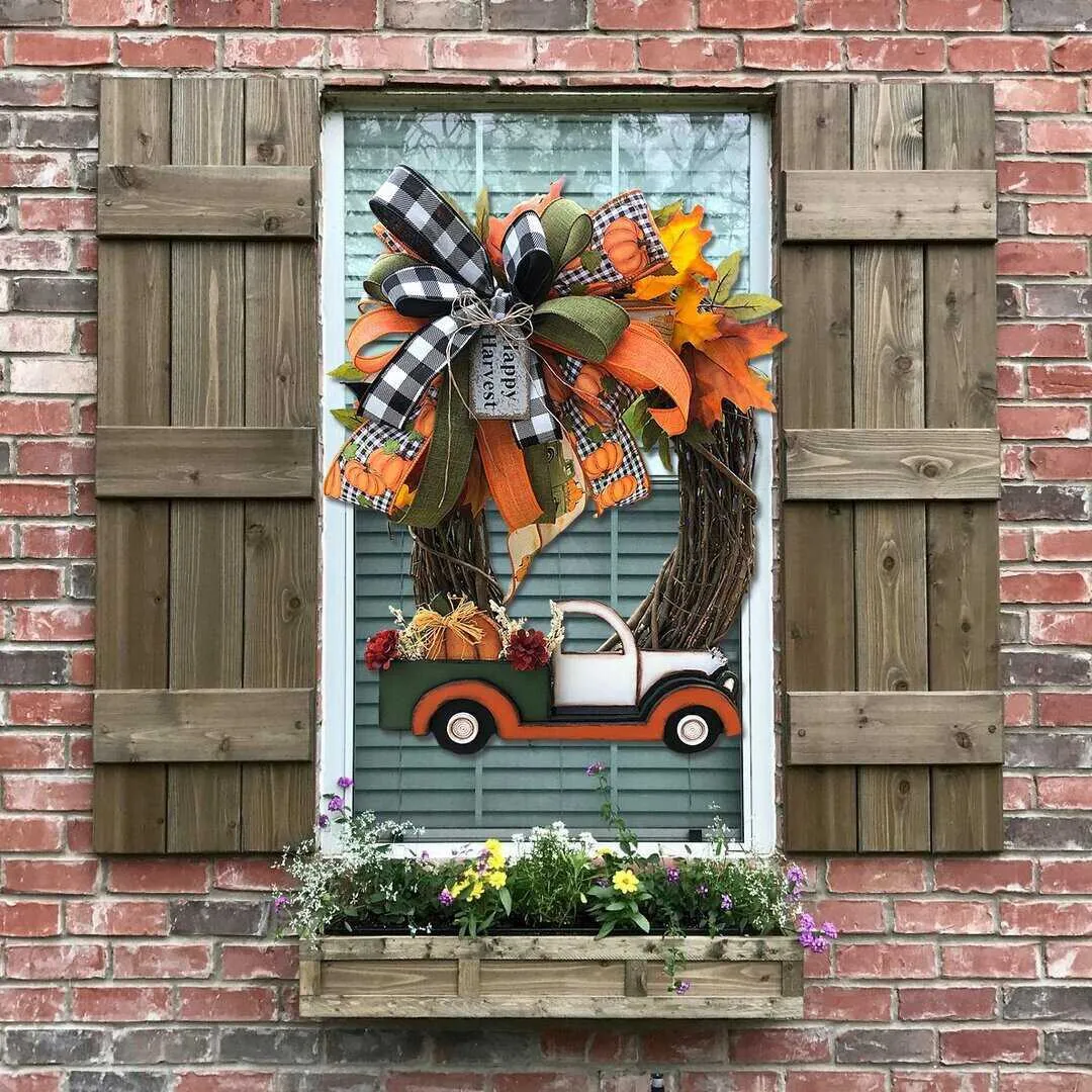 Halloween Pumpkin Truck Wreath Fall For Front Door Farm Autumn Car Decoration Doorplate Decor Dropship Q08125320441