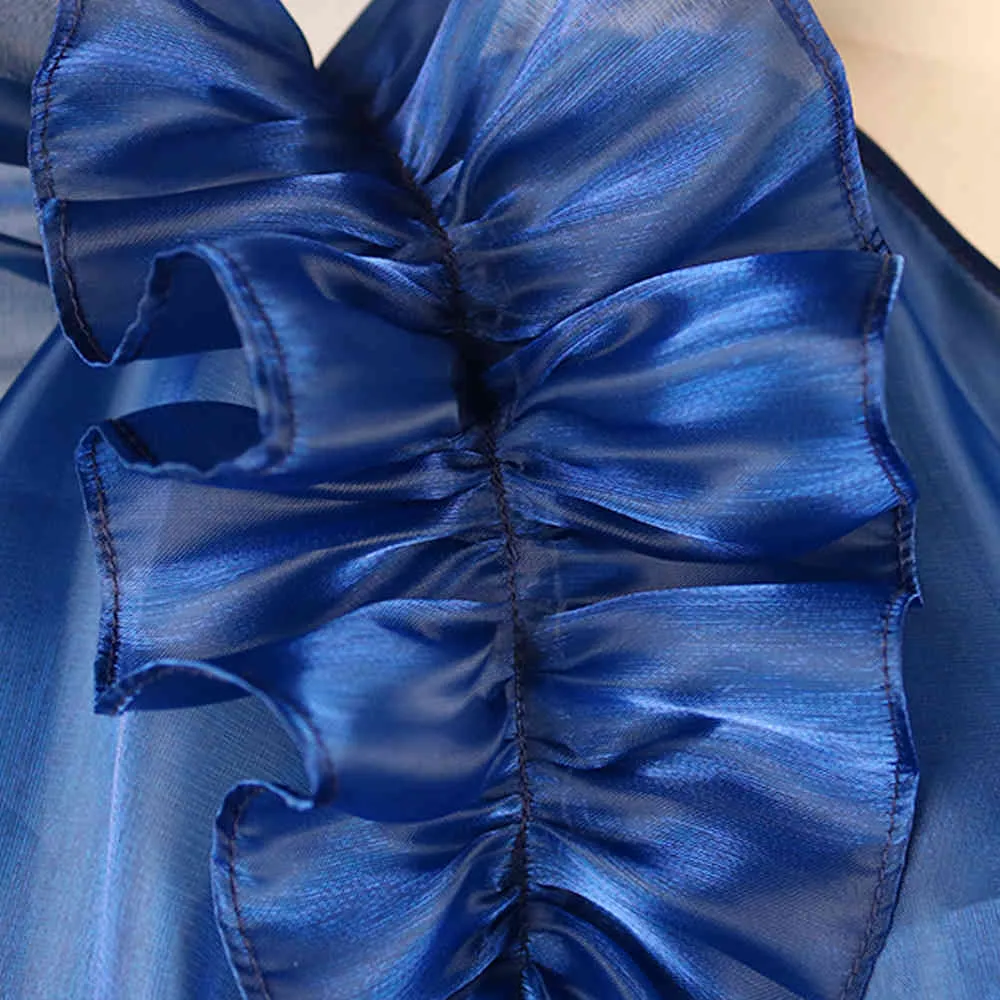 Kobiety Sexy See przez Bluzki V Neck Topy Latarnia Rękaw Navy Blue Przezroczysty Talia Pas Wiosna Letnia Koszula Elegancka Blusa 210416