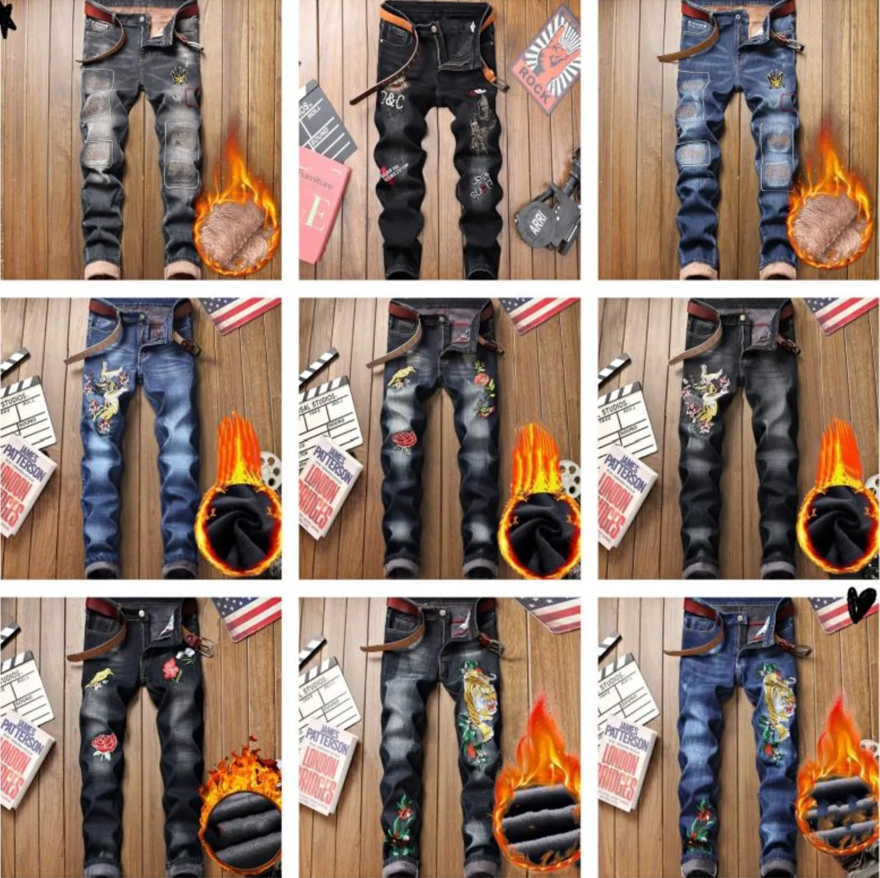 Męskie dżinsy Denim Designer dżinsy z dziurami porwane spodnie męskie rozmiar 28-38 40 jesienno-zimowa oraz aksamitna HIP HOP Punk Streetwear spodnie