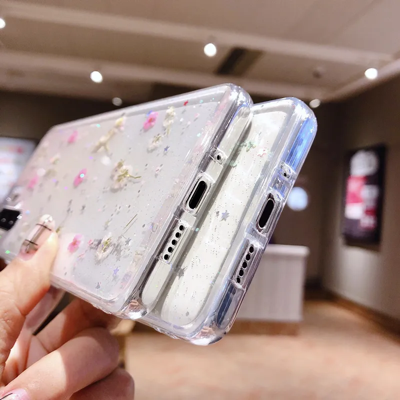 Veri Fiori Secchi Custodie Del Telefono Xiaomi Redmi Nota 10 9S 9 8 Pro 7 6 K30 Pro Mi 11T Pro 11 Lite Nota 10 9 SE Glitter Trasparente Della Copertura