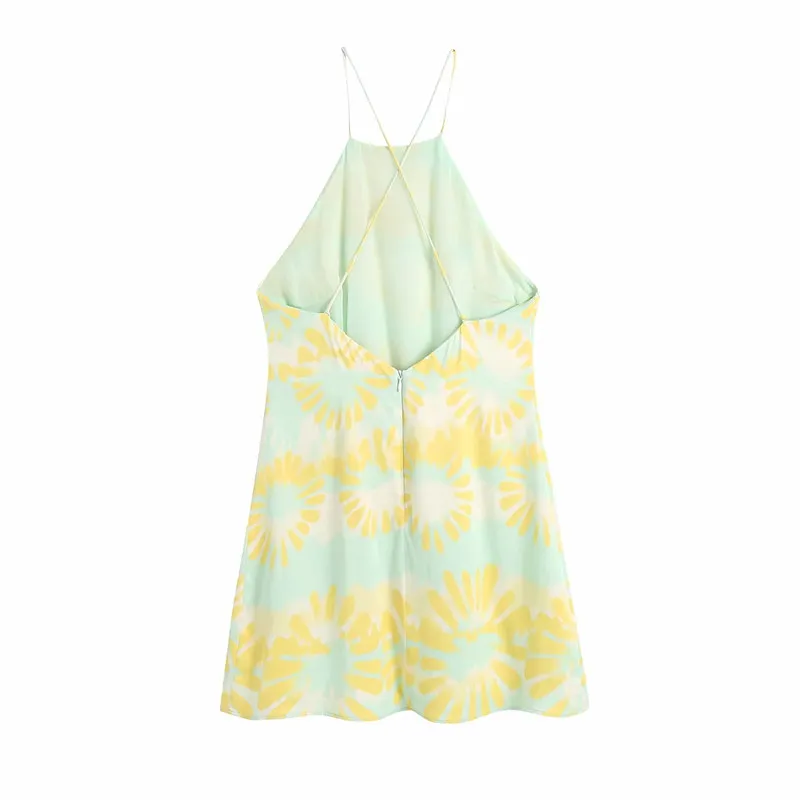 Summer Dress Yellow Print Halter Short es Women Sexy Cross Backless Strap Mini Woman Beach Sundresses 210519
