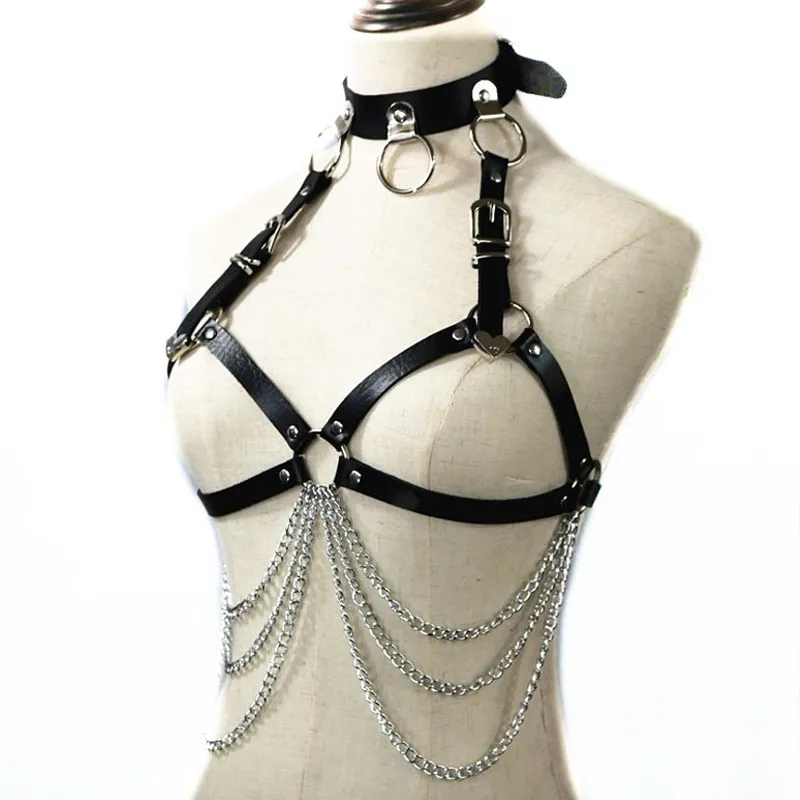 Jarretière en cuir noir gros joint torique licou Sexy harnais soutien-gorge Cage bretelles réglables ceintures métal Rivet Clubwear pour Lady2690