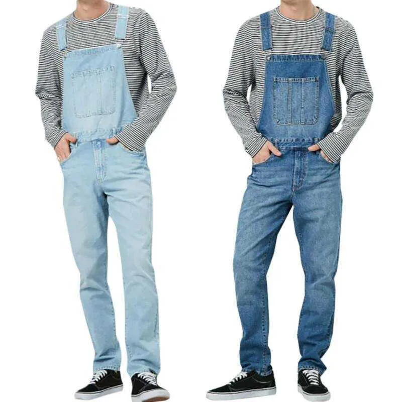 Mens jeans denim dungarees macacões baba e cinta macacão macacão calças romper 211011