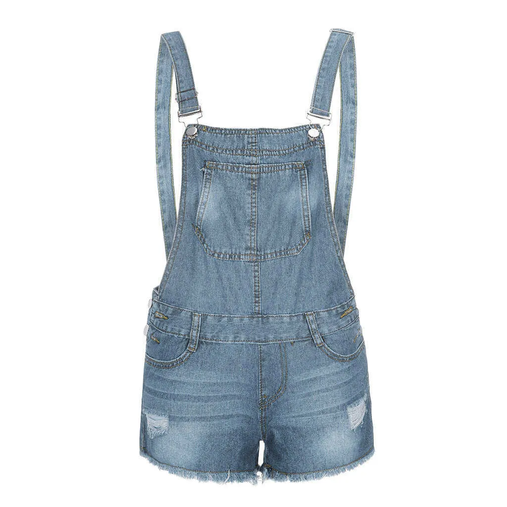 Curto Denim Macacão Mulheres Hole Curto Jumpsuit Cintura Alta Calças de Jeans Casuais Playsuit Lavado Salopette Correias Calças de verão Romper 210616