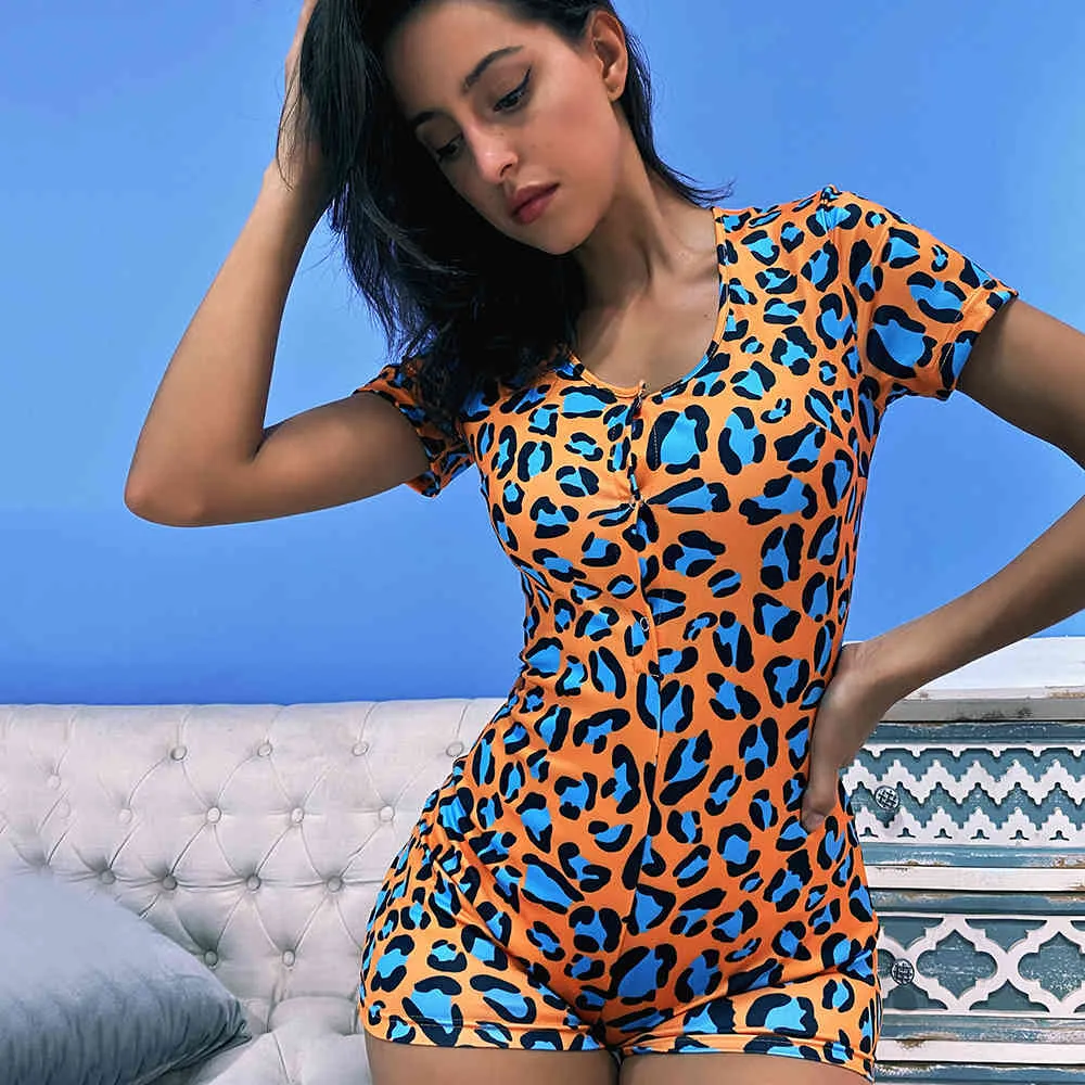 OMSJオレンジヒョウパターンパターンカジュアルな女性夏の寝室のショートジャンプスーツVネックボタンセクシーなスキニーワークアウトパーティの衣装210517