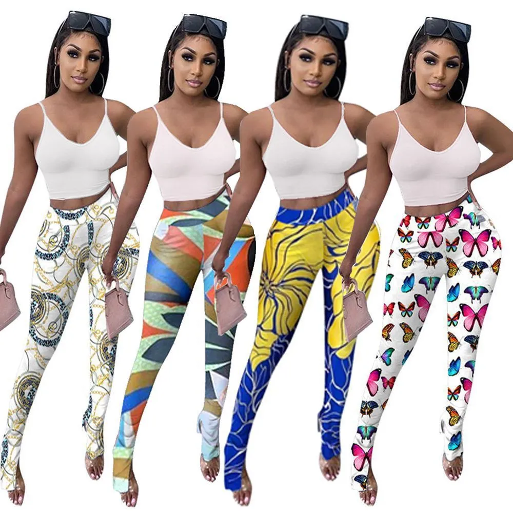 Pantalon évasé à imprimé floral pour femmes, taille haute, bas de cloche, drapé, jambières, pantalons de survêtement, vente en gros, 210525