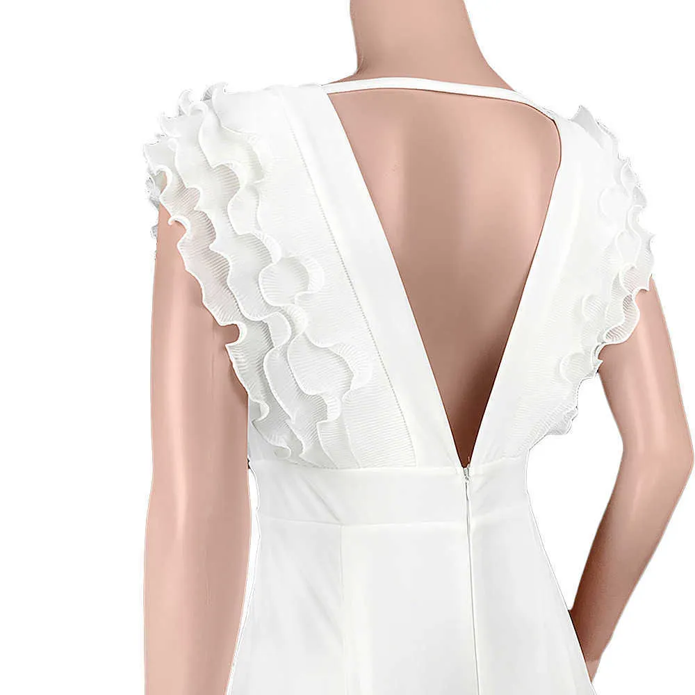 Eleganckie białe marszczone kombinezony dla kobiet seksowne V szyi bez rękawów bez pleców kombinezon kombinezonu letnie spodnie 210709