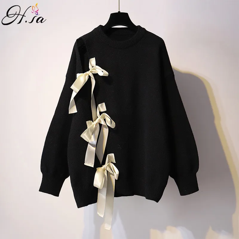 H.SA Kvinna Tröjor Långärmad Hollow Out Buttfly Jumpers Bow Tied Lace Up Fashion Korean Knit Pullover Ropa Mujer 210417