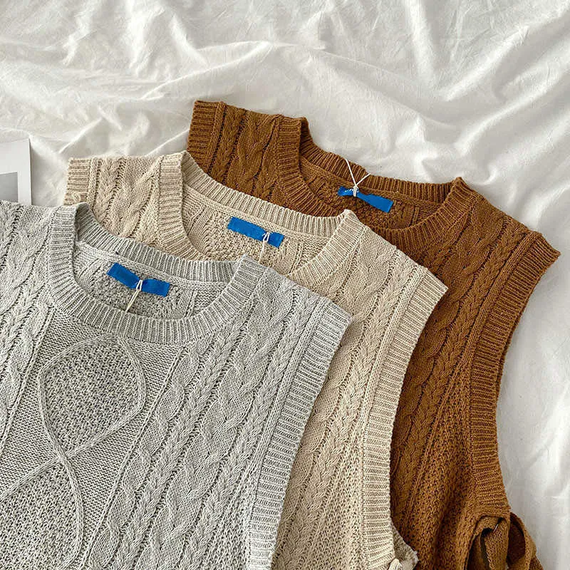 Ezgaga Mulheres Sweater Colete Outono Coreano Argyle Bandagem Pulôver Sem Mangas Sólidas Sólidas Solta Malha Colete Curta Streetwear 210817